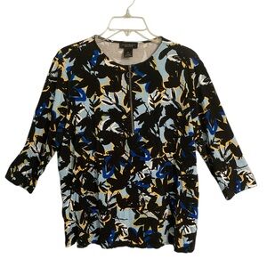 Investments Petites 3/4 Sleeve floral black/blue zip neck blouse top Size PL